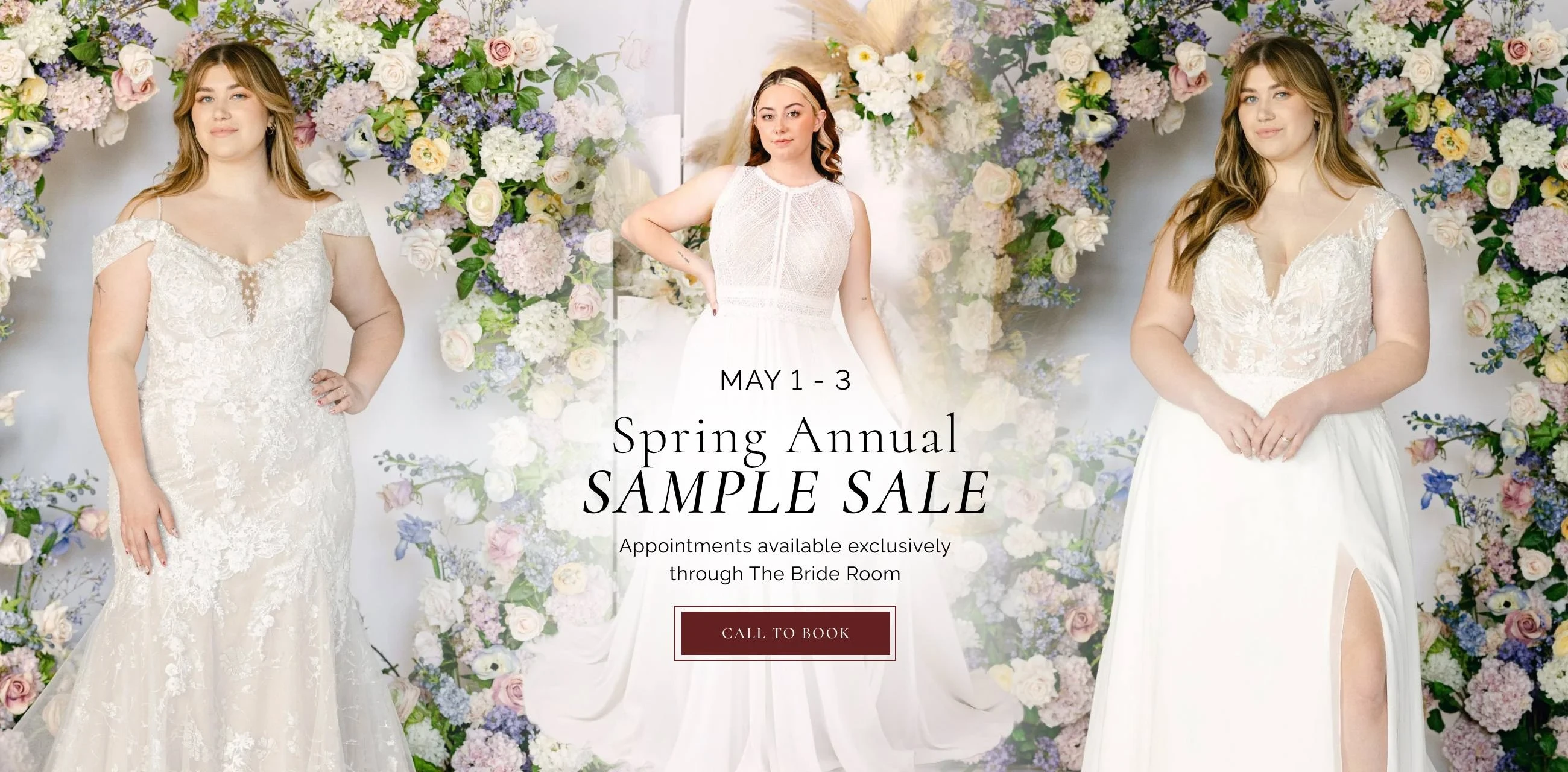 Plus size models wearing bridal dresses, Spring Annual Sample Sale desktop banner