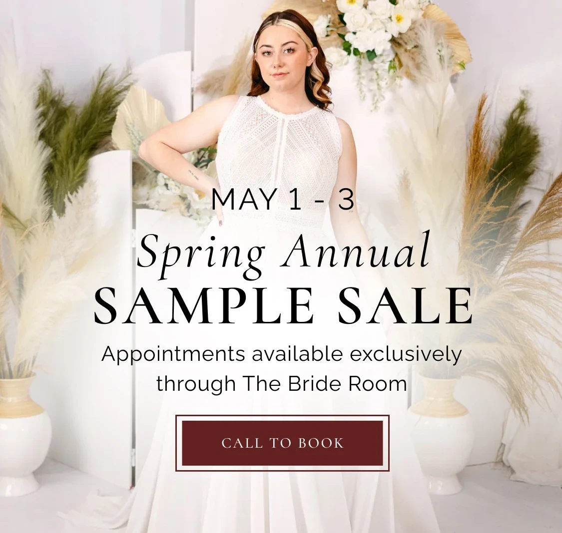 Plus size model wearing bridal dress, Spring Annual Sample Sale mobile banner